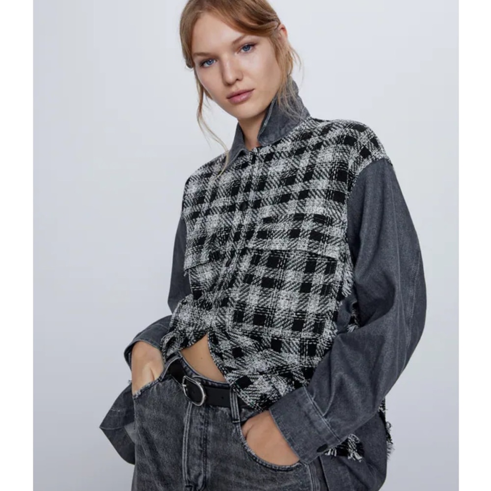 Black and Gray Plaid Tweed Denim Shacket